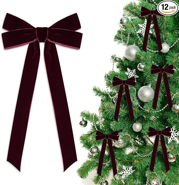 12 PCS Deep Burgundy Velvet Christmas Bows Ornaments Decorations, 10.2'' Vintage Long Velvet Bows... | Amazon (US)