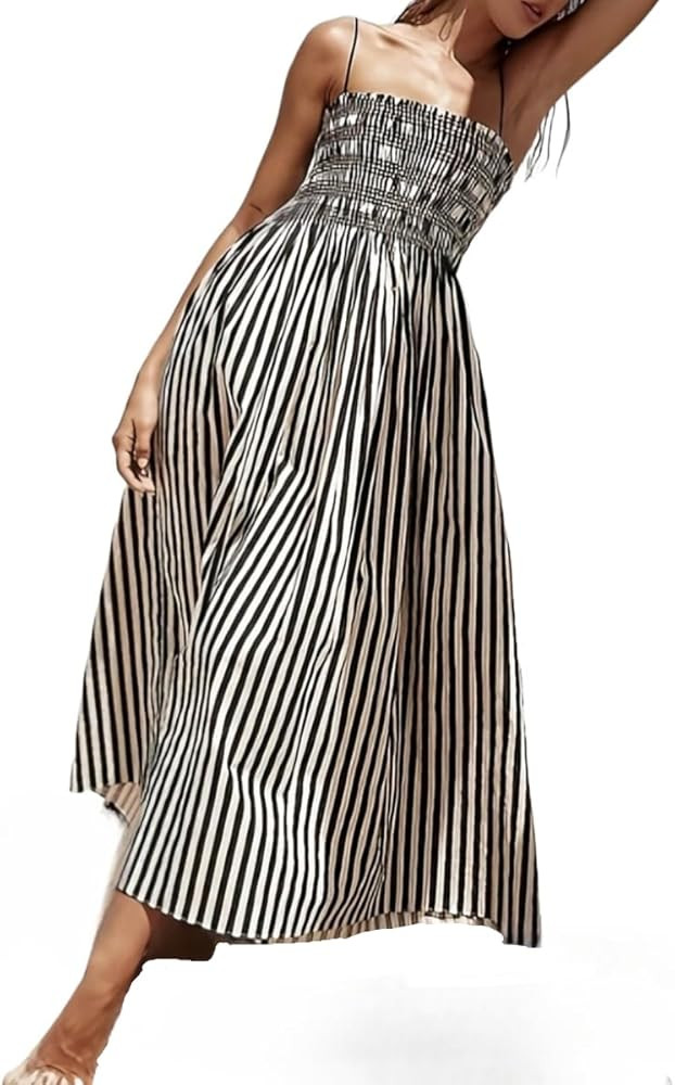 Women's Striped Sleeveless Maxi Dress Boho Flowy Swing A-Line Sundress Smocked Backless Spaghetti... | Amazon (US)