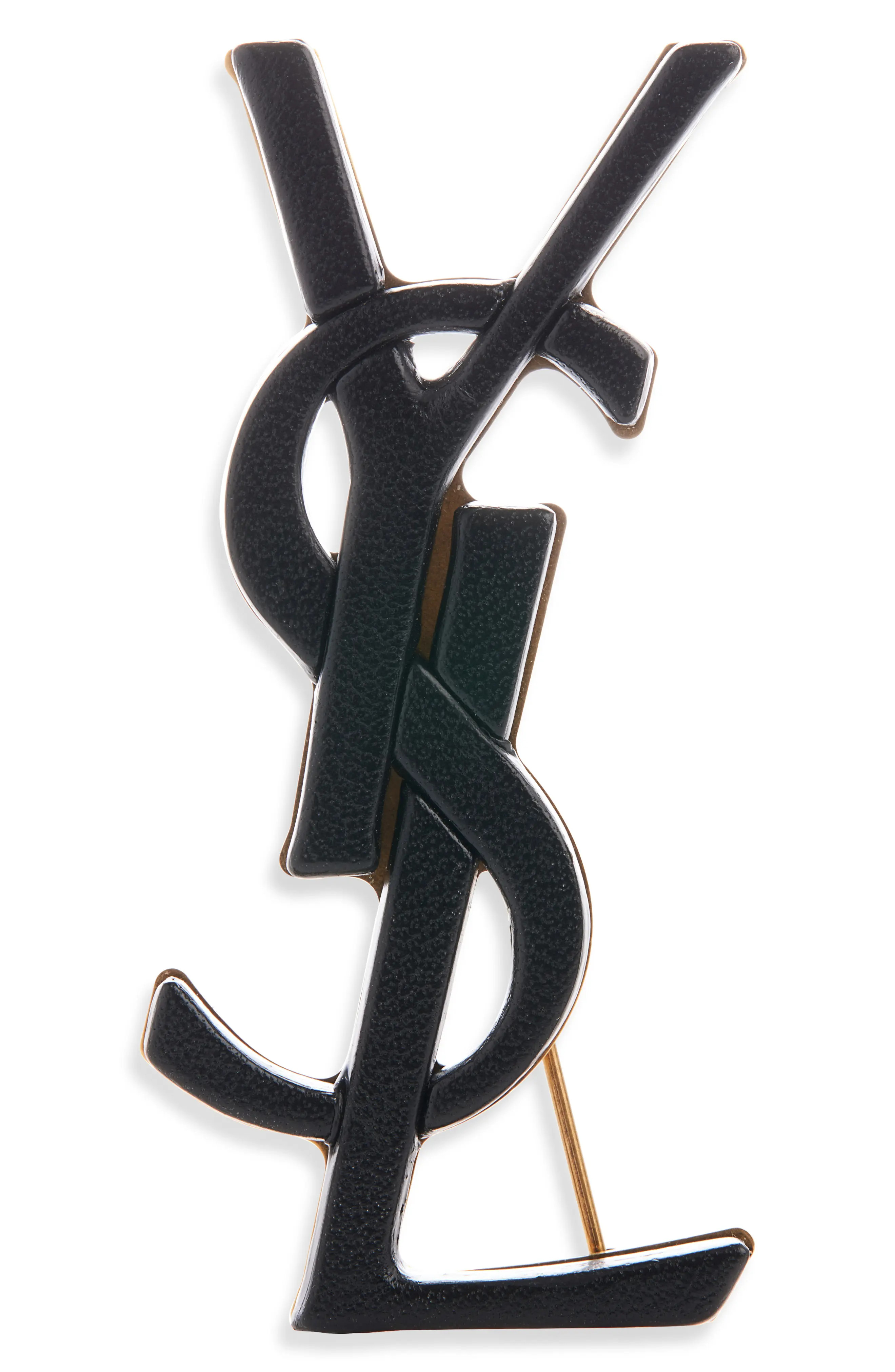 Saint Laurent Leather Covered Cassandre Brooch in 1000 Black/light Bronze at Nordstrom | Nordstrom