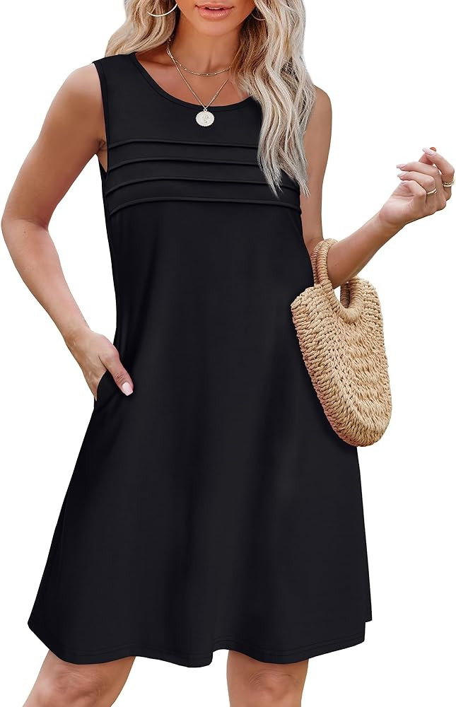 OFEEFAN Womens Pleated Front Tank Dresses Fashion Spring Sleeveless Pockets Sundress Casual Summe... | Amazon (US)