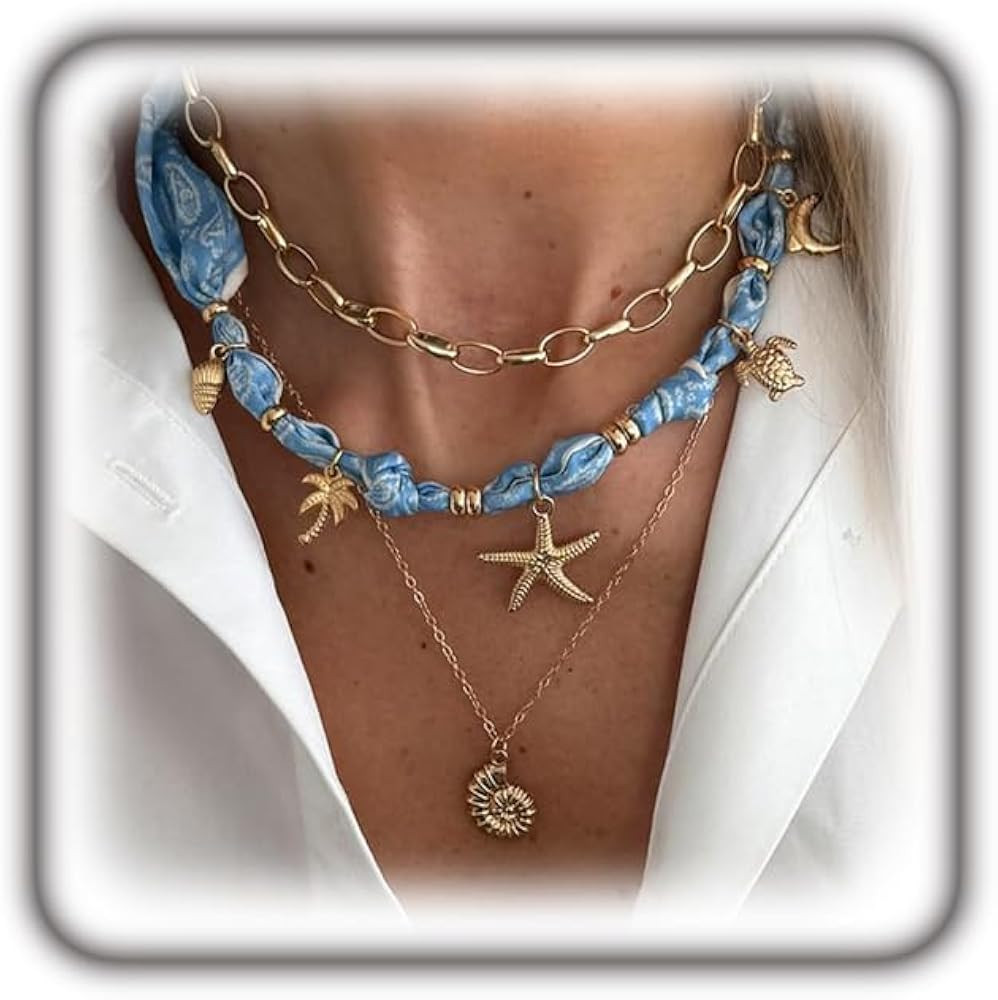 Layered Gold Starfish Scarf Necklace for Women,Trendy Stackable Boho Big Conch Choker Necklaces,C... | Amazon (US)