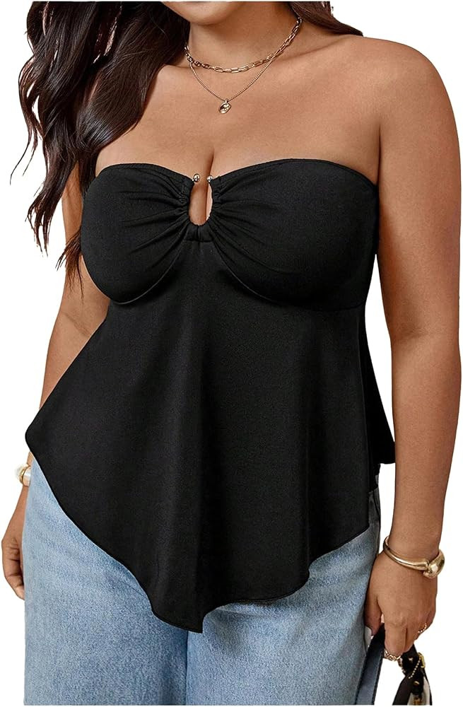 OYOANGLE Women's Plus Size Strapless Peplum Top Ring Linked Sleeveless Ruffle Tube Top | Amazon (US)