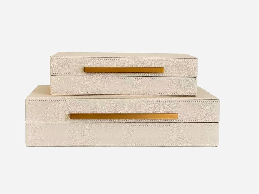 Sagala Set of 2 Beige Shagreen Decorative Boxes With Gold Metal Handles, Faux Leather Jewelry Box... | Amazon (US)