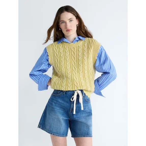 Free Assembly Women's Scalloped Cable Knit Cotton Vest, Sizes XS-XXL | Walmart (US)