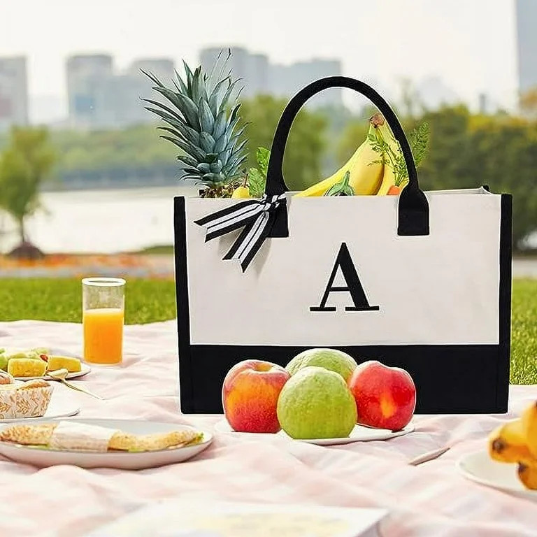 XTEILC Personalized Initial Canvas Beach Bag, Monogrammed Gift Tote Bag for Women,Personalized Bi... | Walmart (US)