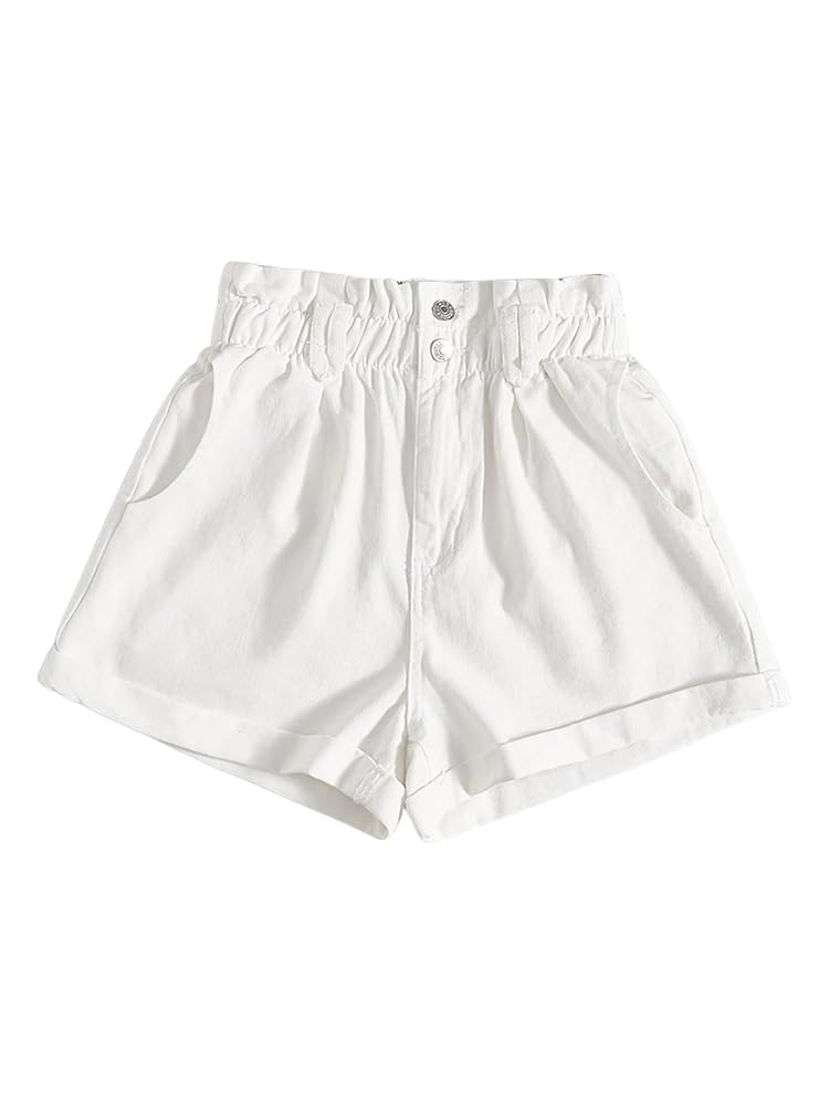 WDIRARA Women's Paper Bag Waist Button Roll Up Hem Denim Shorts with Pockets | Amazon (US)