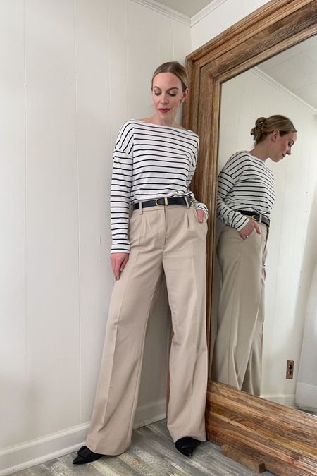 Striped tee, wide leg trouser pants, Parisian style, work outfit, spring outfit

#LTKworkwear #LTKunder50 #LTKstyletip