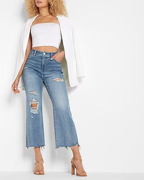 Curvy High Waisted Light Wash Ripped Cropped Flare Jeans | Express