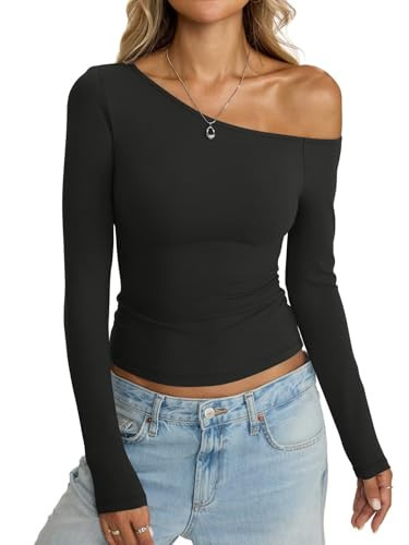 Eachyes Womens Off Shoulder Tops Tight Long Sleeve Shirts Sexy Top Y2K Slim Fit Going Out Fall Fashion Clothes 2026 Black | Amazon (US)