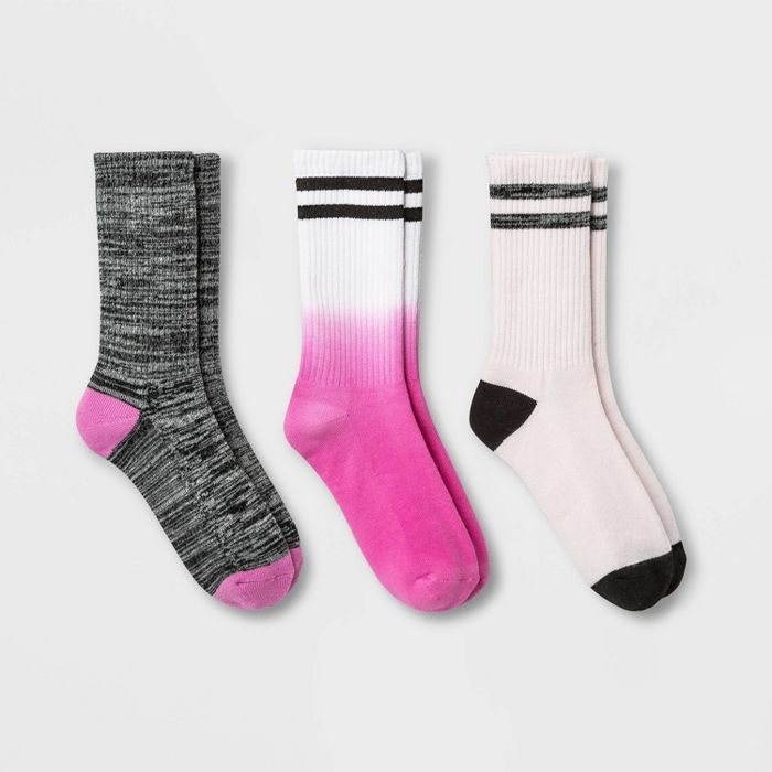 Girls' 3pk Crews Dip Dye Socks - art class™ Black/Pink/Cream | Target