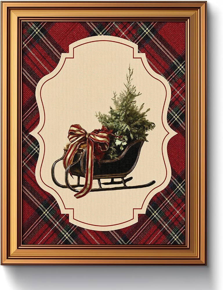Vintage Gold Framed Christmas Canvas Wall Art Sleigh and Pine Tree Print | Amazon (US)