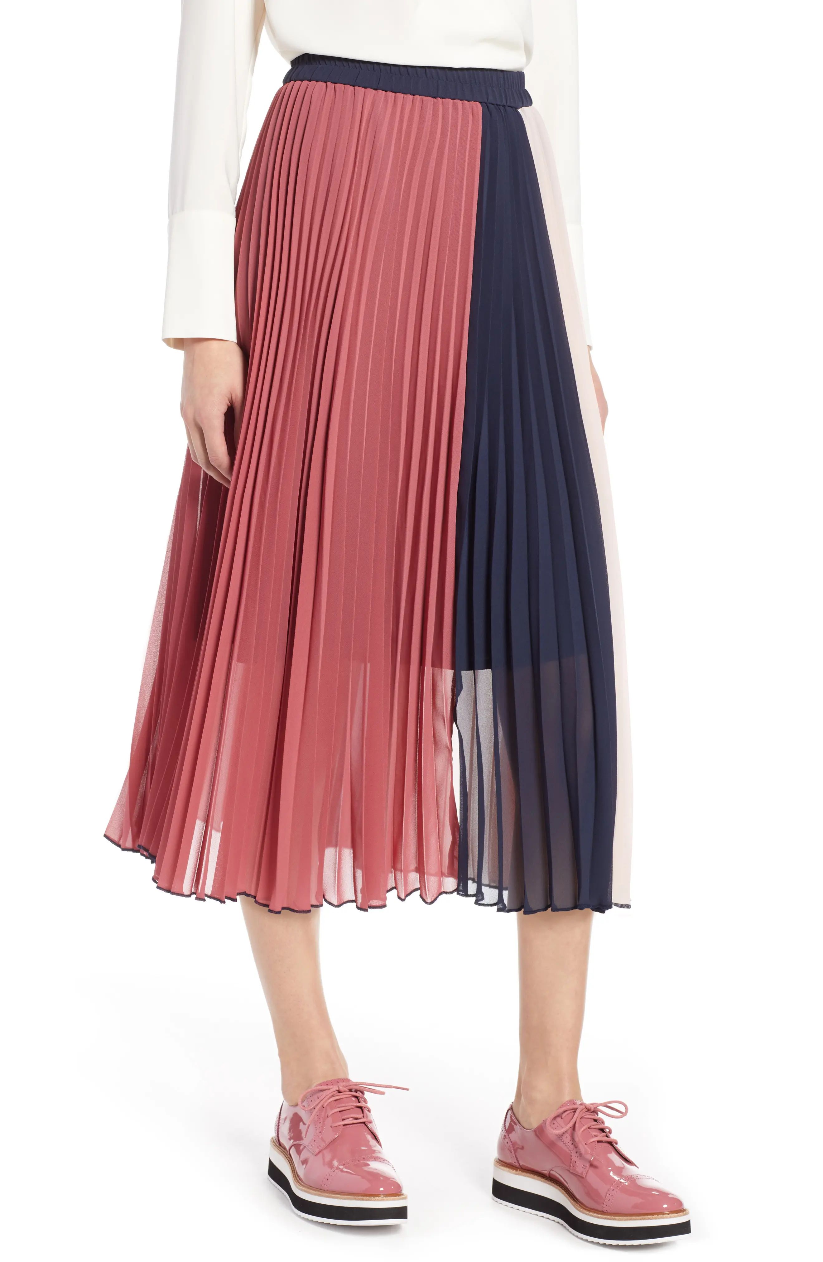 Halogen® x Atlantic-Pacific Colorblock Pleated Midi Skirt (Regular & Petite) | Nordstrom