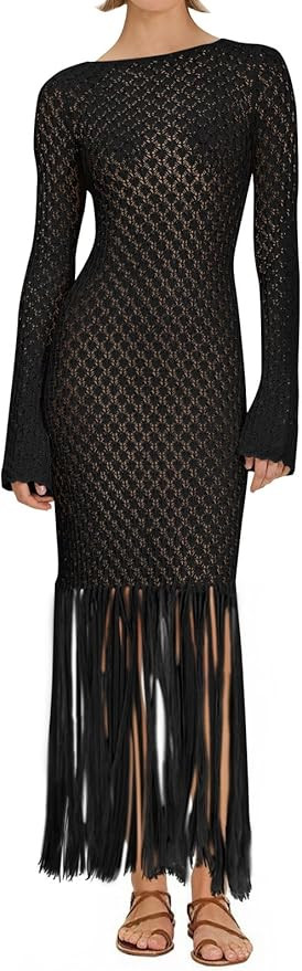 Fisoew Women's Swimsuit Crochet Cover Ups Summer Long Sleeve Tie Back Fringe Hem Beach Vacation C... | Amazon (US)
