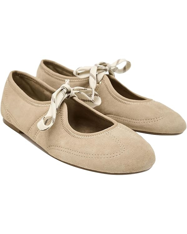 Lace up Ballet Flats for Women Round Toe Cute Slip on Soft Mary Jane Flats Casual Ballerina Shoes | Amazon (US)