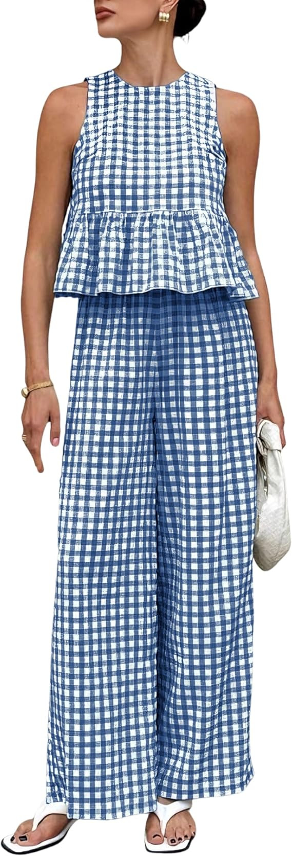 Tanming Women's 2 Piece Set Outfits Gingham Plaid Tank Tops Wide Leg Pants Matching Lounge Sets | Amazon (US)