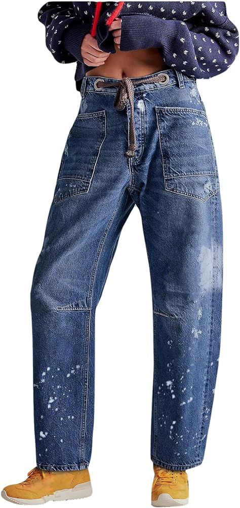 LifeShe Women's Baggy Barrel Jeans Casual Boyfriend Mid Rise Drawstring Wide Leg Denim Pants | Amazon (US)