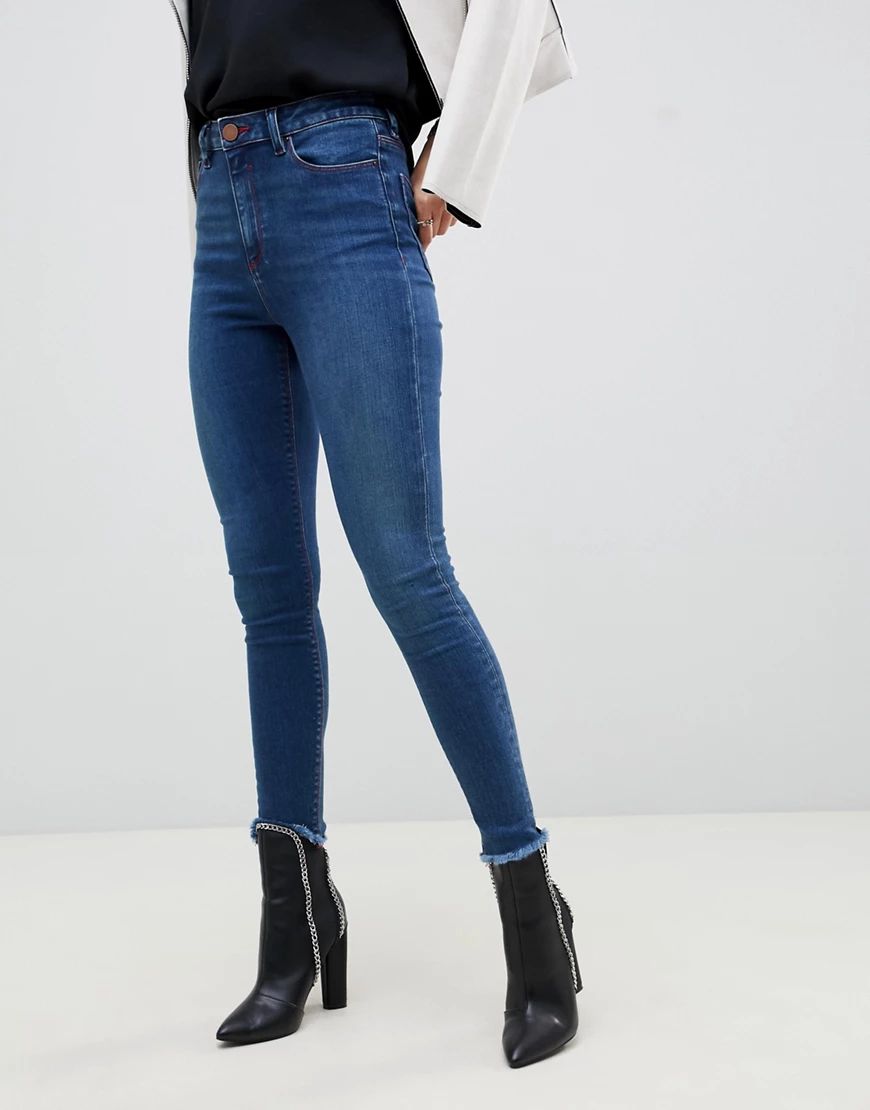 ASOS DESIGN Ridley high waisted skinny jeans in dark blue with red contrast stitching | ASOS (Global)