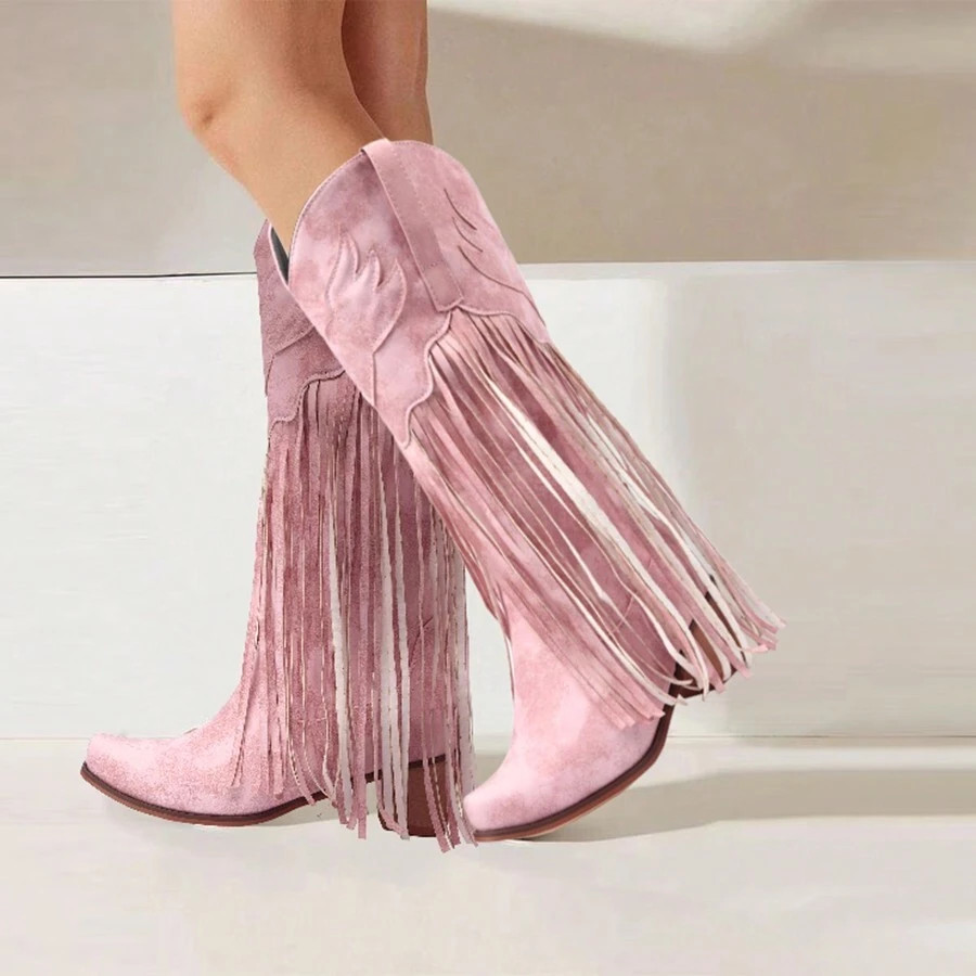Cowboy Boots For Women Mid Calf Fringe Boots Embroidered Western Cowgirl Boots Pointed Toe Chunky... | SHEIN