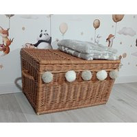 Toddler Bedroom Eko Decor, Wicker Chest in Natural Color With Soft Pompoms, Toy Trunk, Home Decor, Child Basket, Decor Pz 34 | Etsy (US)