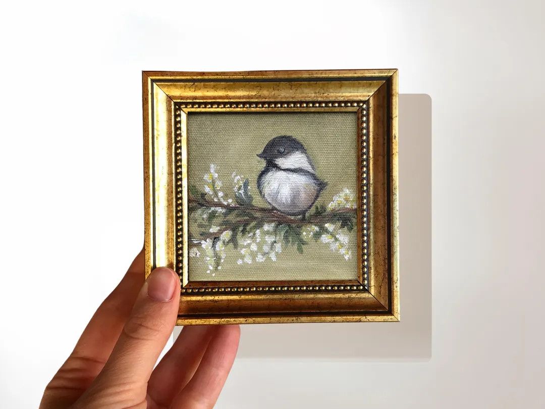 Chickadee Bird Miniature Oil Painting, Signed Framed Art, Cute Animal Painting, Eclectic Gallery ... | Etsy (US)