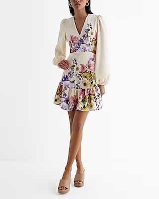 Floral V-Neck Long Puff Sleeve Cutout Mini Dress | Express