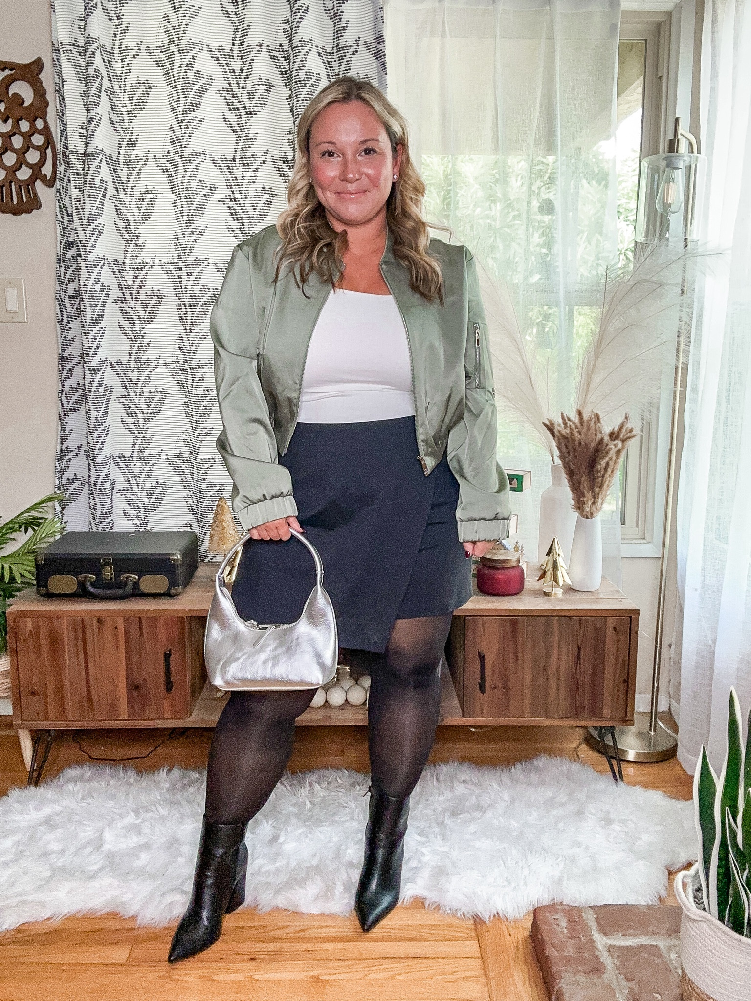 Midsize fall outfit idea 
Bomber jacket size M/L use code SHELLI20 for discount on jacket and bag! 
Skirt size L 
Boots size up half size 


#LTKover40 #LTKSeasonal #LTKmidsize