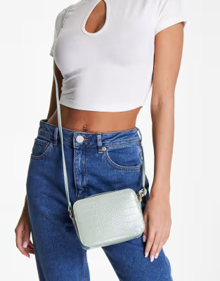 ASOS DESIGN croc effect cross body camera bag in sage | ASOS (Global)