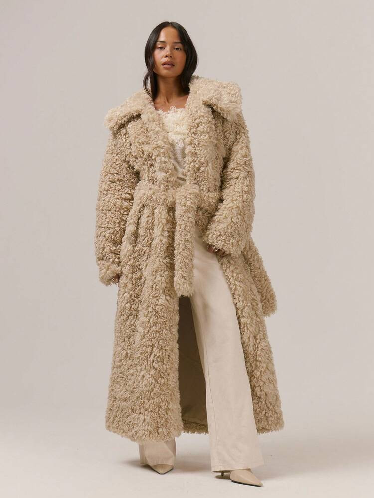 MUSERA Oversized Foldover Collar Tie Waist Maxi Length Fur Coat Classy Sexy Cute Night Out Vacation Autumn Fall Winter Outerwear September Elegant | SHEIN