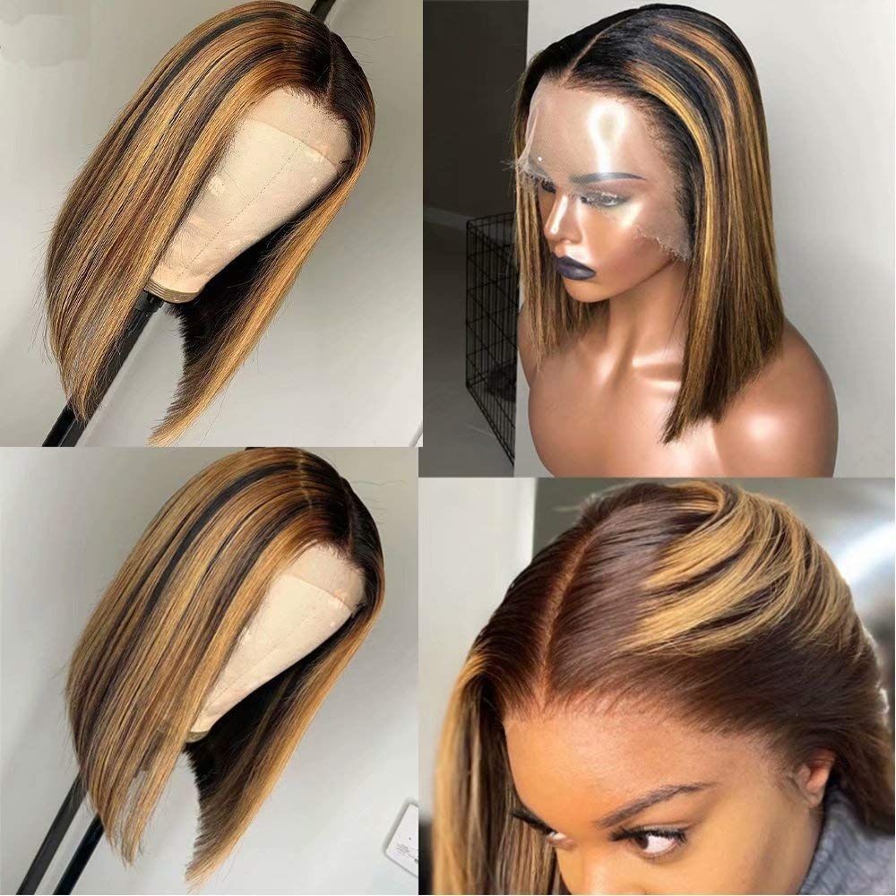 Ms.Cassie Wigs Silk Top Lace Frontal Highlight Wig Ombre Brown Honey Blonde Short Bob Wigs for Black | Amazon (US)