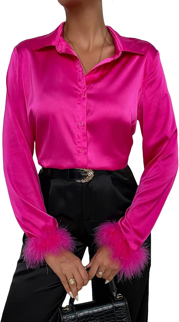 MakeMeChic Women's Satin Blouse Fuzzy Cuff Silk Long Sleeve Button Down Shirt Top | Amazon (US)