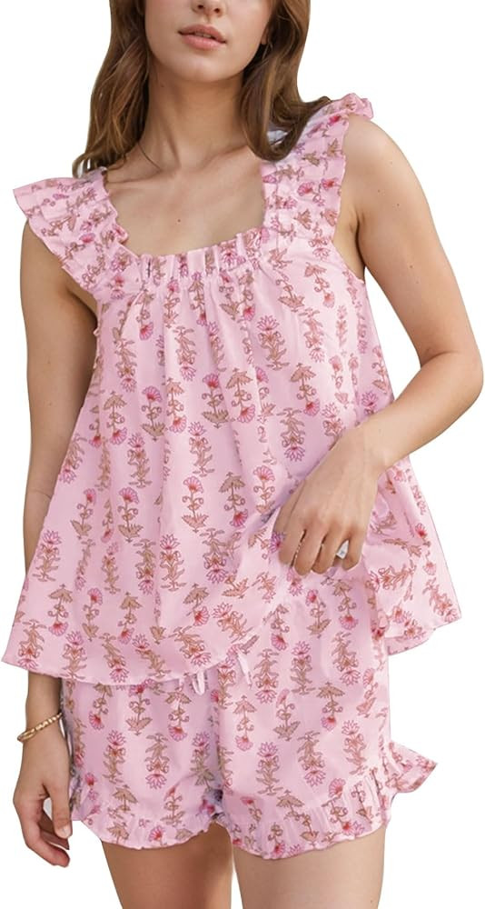 Flygo Floral Pajama Sets for Women 2 Piece Lounge Set Ruffle Cami Top and Shorts Pj Set Sleepwear | Amazon (US)
