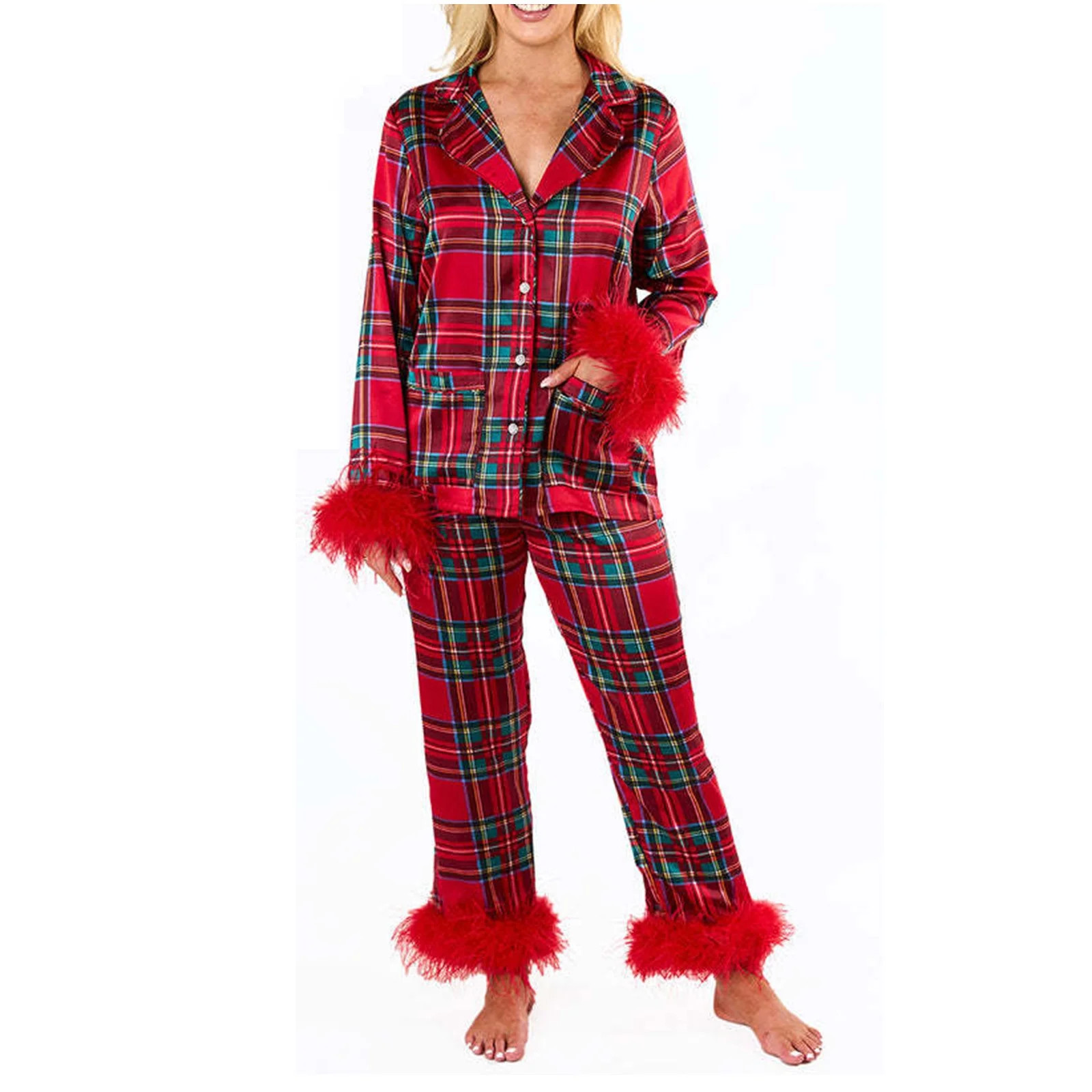 qolati Women Feather Trim Pajama Set Cute Plaid Long Sleeve Button Up Top Pants 2 Piece Lounge Se... | Walmart (US)