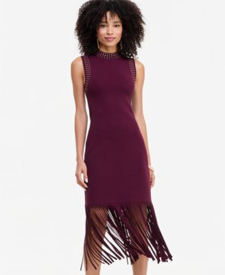 I.n.c. International Concepts Women's Sleeveless Midi Fringe-Trim Sweater Dress, Macy's Exclusive - Berry Wine | Macy's