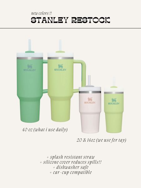 40oz, 30oz, 20 & 14oz Stanley’s restocked today in this new green color! We use the smaller 20 & 14oz sizes for Tayas smoothies because they are splash proof and she can carry them easy. The large 40oz I use daily for water it’s the best!! 

#LTKunder50 #LTKfamily