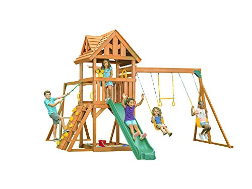 Mountain View Lodge Wooden Swingset w/Wood Roof- Choose Your Accessory & Slide Color (Yellow Accessories & Green Slide) | Amazon (US)