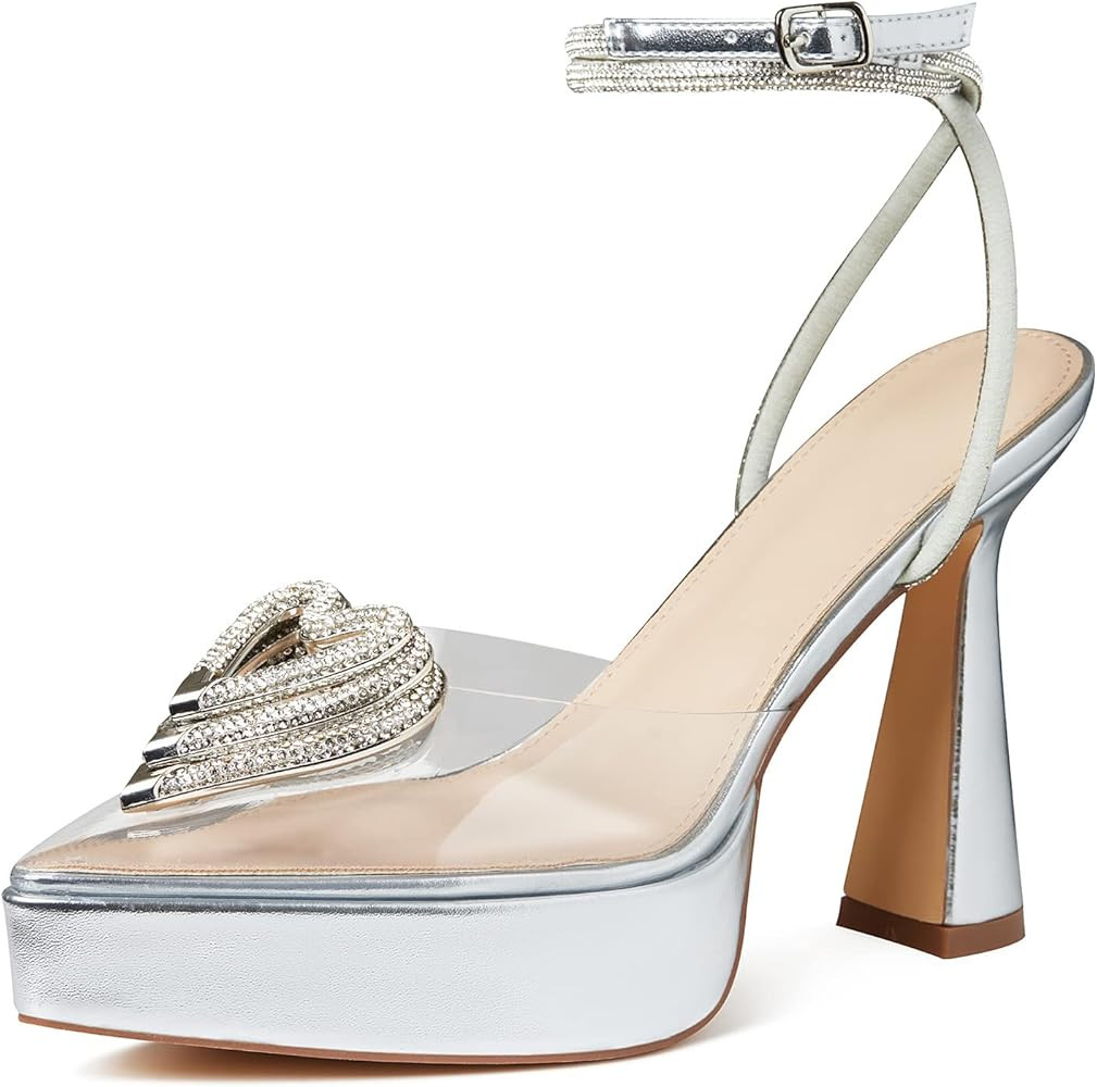 Women's Platform Heeled Sandals Crystal Heart Ankle Strap Pointed Toe Satin Block Heels Wedding D... | Amazon (US)