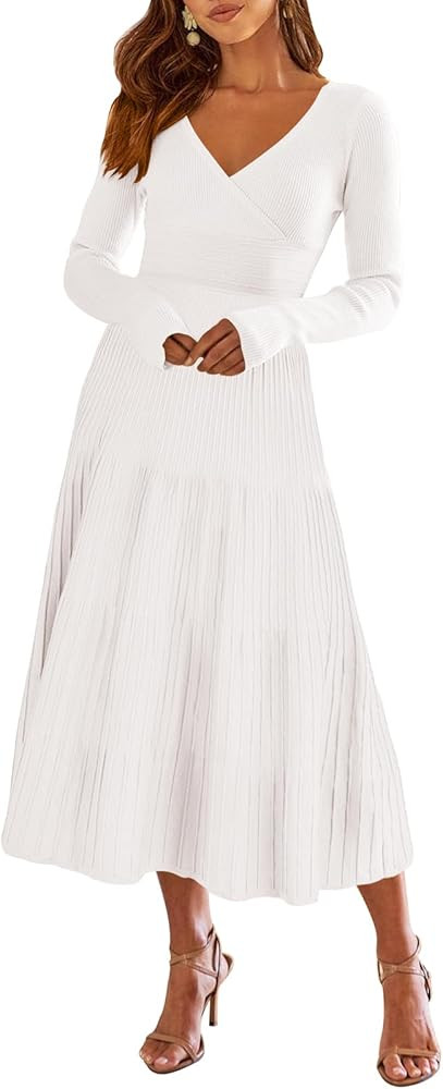ANRABESS Womens Wrap Midi Sweater Dresses Long Sleeve V Neck Ribbed Knit Bodycon High Waist Pleat... | Amazon (US)