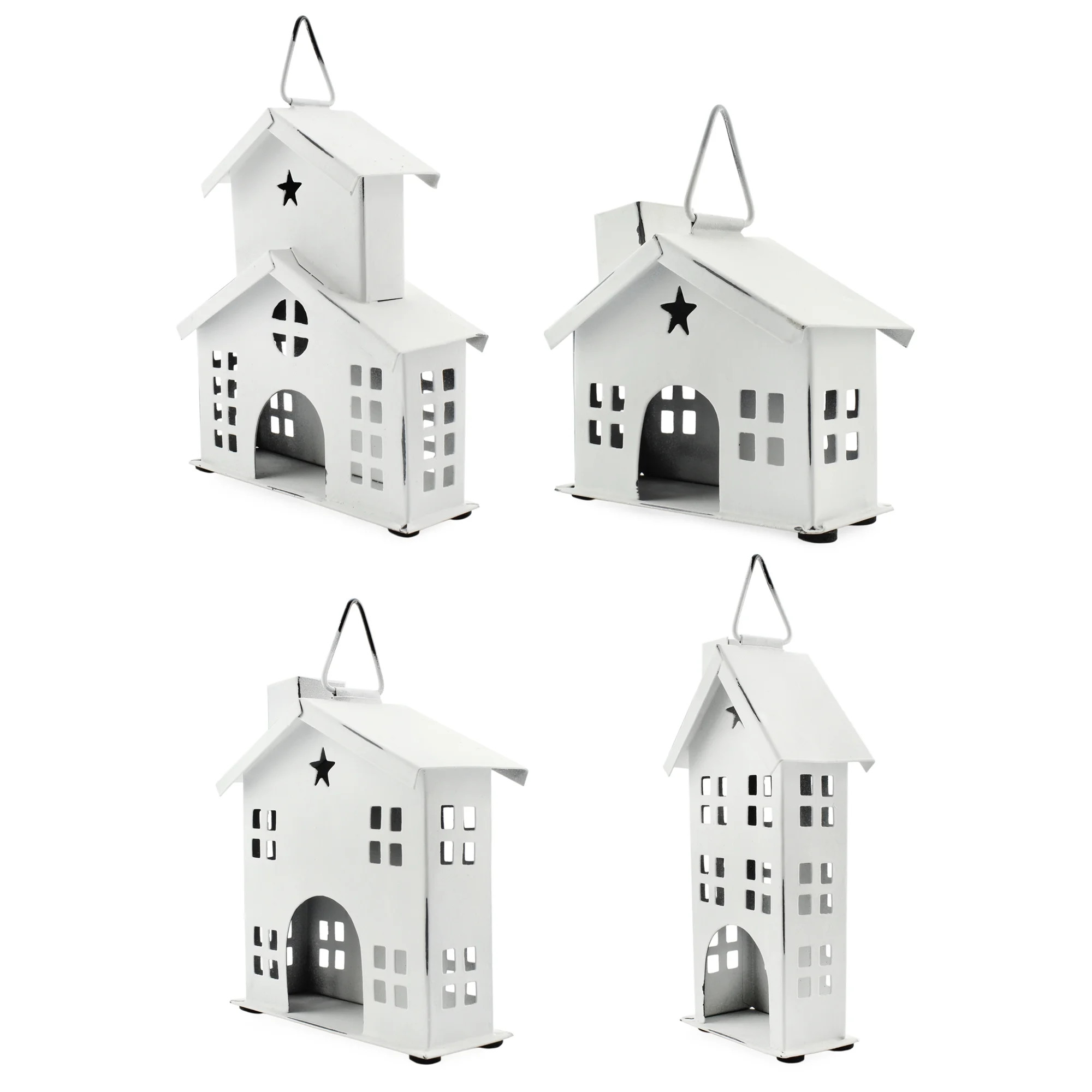 AuldHome Rustic White Tin Ornaments (Set of 4 Houses, White); Vintage Style Metal Christmas Tree ... | Walmart (US)