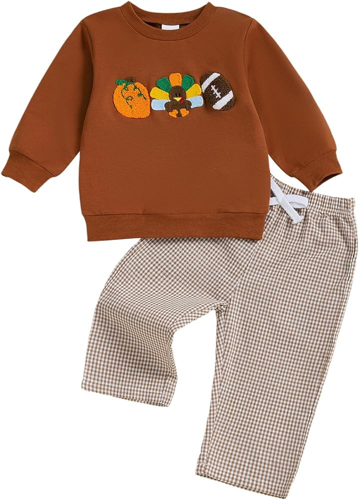 Little Kids Baby Boys Thanksgiving Outfit Long Sleeve Embroidery Sweatshirt Gingham Pants Two Pie... | Amazon (US)