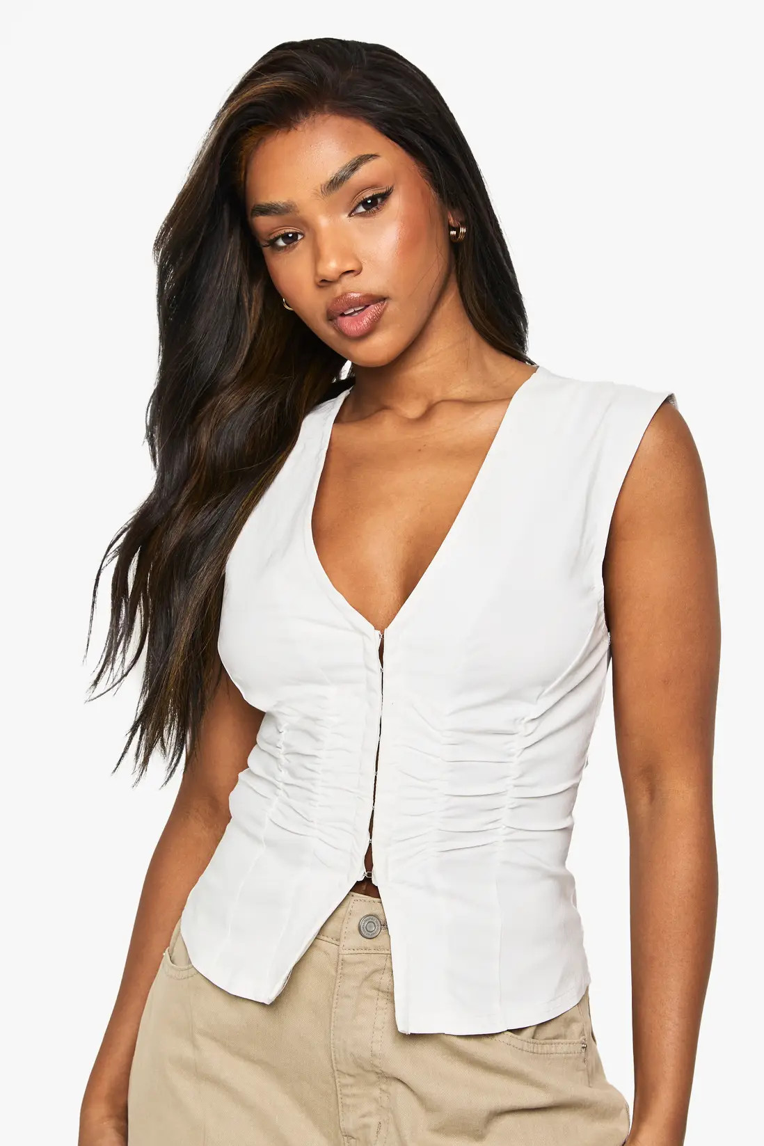 White Bengaline Ruched Sleeveless Hook & Eye Top | Boohoo USA | boohoo (US & Canada)