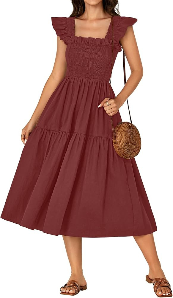 Rooscier Women's Square Neck Smocked Ruffle Sleeveless Dress A Line Summer Midi Sundress | Amazon (US)