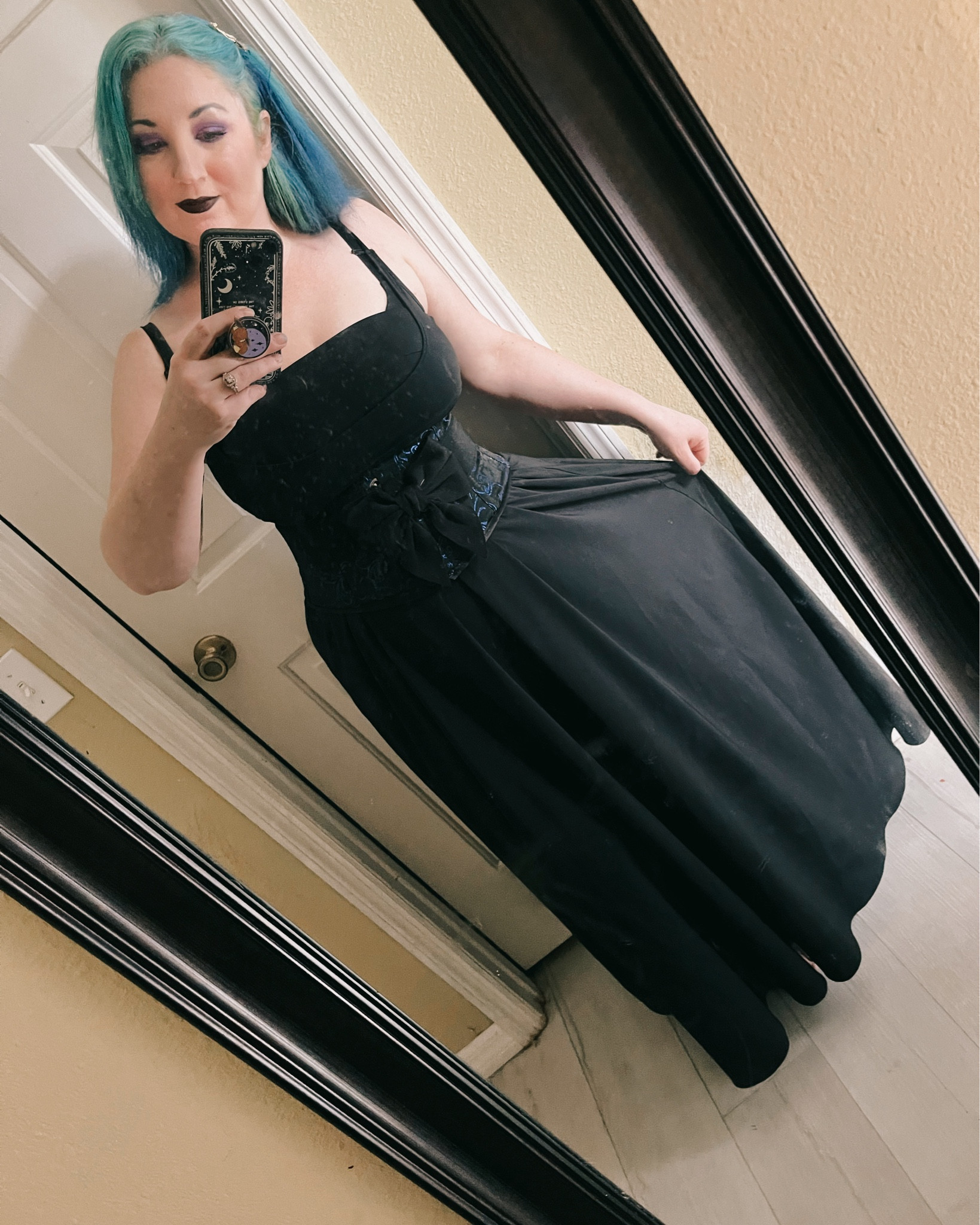 Today’s outfit. This dress is by @halara_official it has pockets and is quite stretchy. The corset is by @draculaclothing dressing how I feel has been so freeing. Some days it’s more like this and other days puffy princess dresses and all that. 
#dopaminedressing
#todaysoutfit
#corset
#outfitinspo
#draculaclothing
#halaraofficial 
#mermaidhair


#LTKOver40 #LTKStyleTip #LTKFindsUnder100