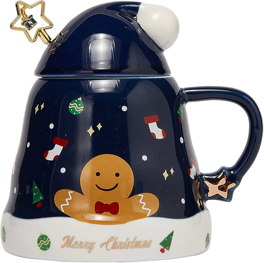 Christmas Gingerbread Tree Santa Hat Festive Mug - Elf & Santas Hat Lid - Ceramic Microwave & Dis... | Amazon (US)