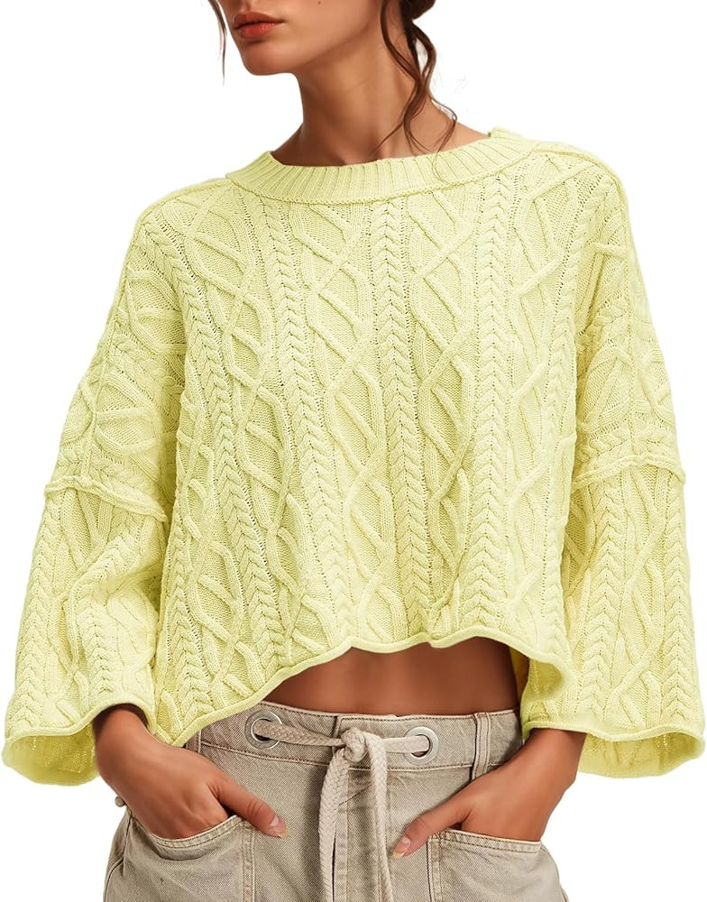 UNCLECAT Women's Cable Knit Cropped Sweaters Oversized Fall Sweater Long Sleeve Knit Trendy Pullo... | Amazon (US)