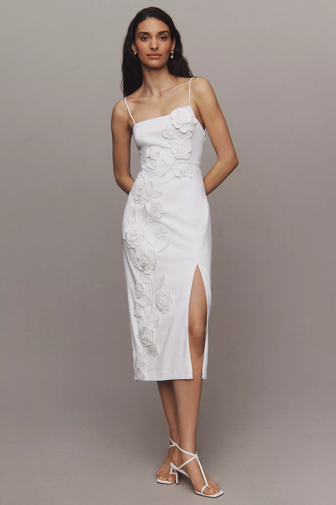 BHLDN Sleeveless Straight-Neck Cascading Floral Satin Slim Side-Slit Midi Dress | Anthropologie (US)