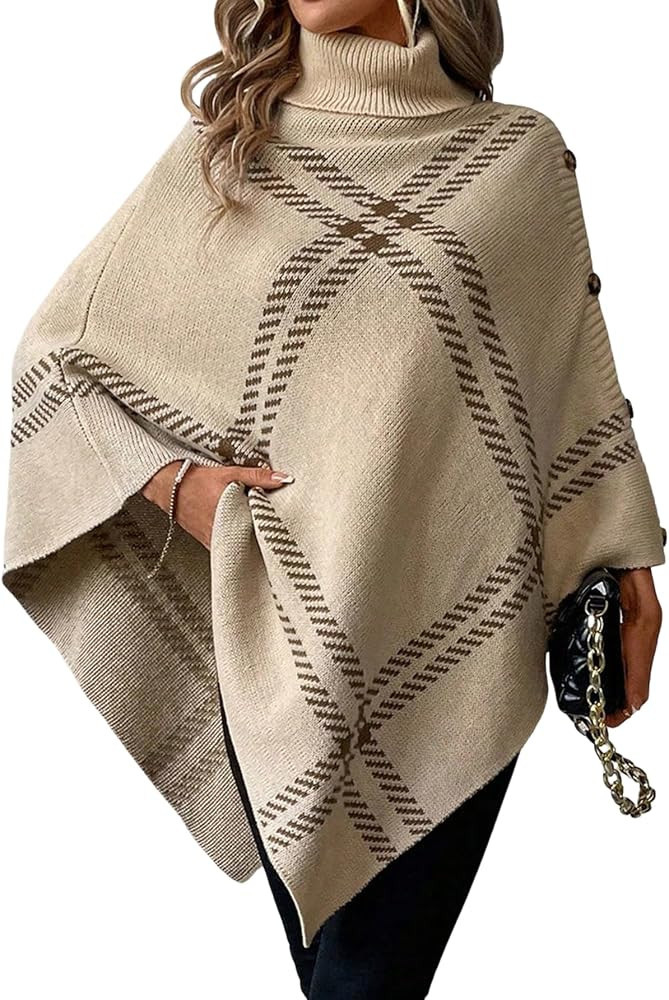 Milumia Women's Turtleneck Poncho Sweater Long Sleeve Asymmetrical Plaid Knitted Pullover Loose T... | Amazon (US)