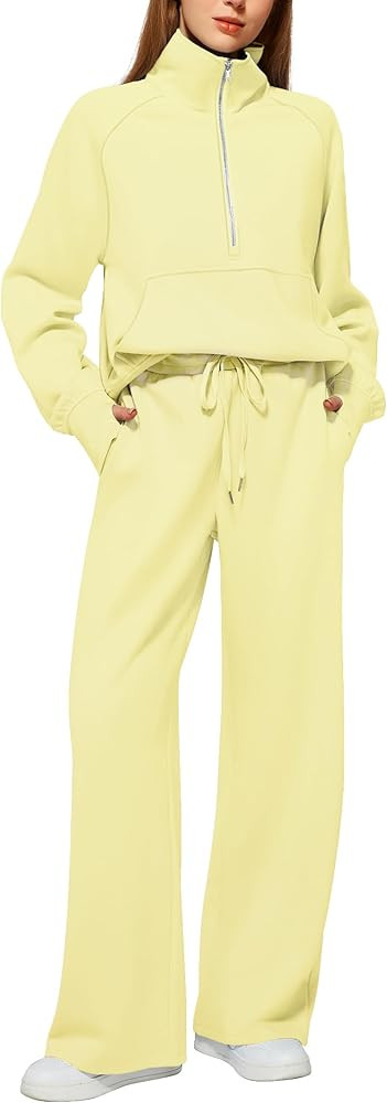 Women's 2 Piece Outfits Lounge Set 2025 Oversized Half Zip Sweatshirt Wide Leg Sweatpant Set Swea... | Amazon (US)