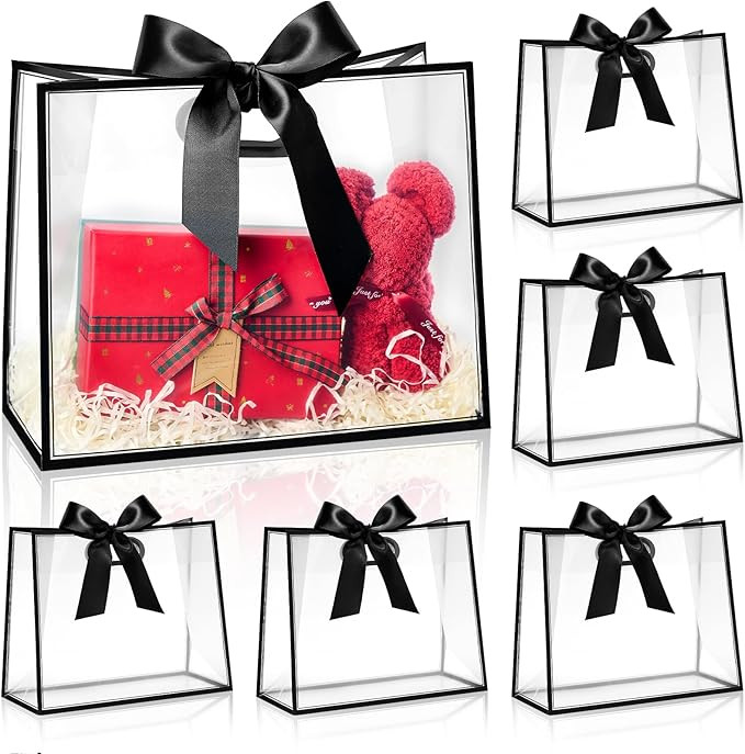 Ohuimrt 12 Pack Clear Plastic Gift Bags with Handles, Reusable Party Favor Bags with Ribbon for W... | Amazon (US)