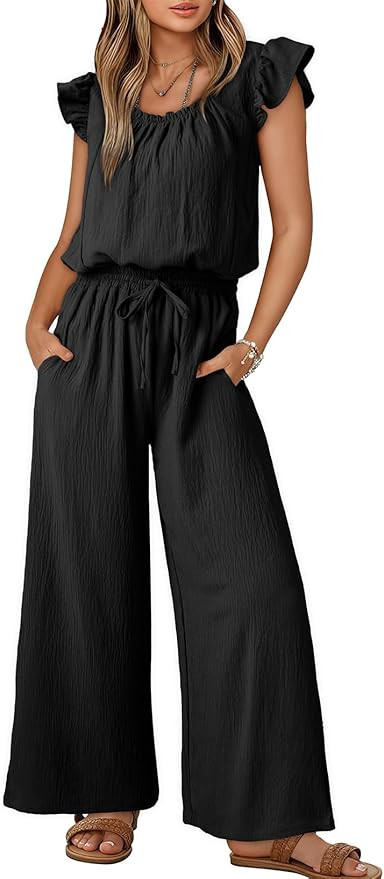 Dokotoo Jumpsuits for Women 2025 Summer Ruffle Sleeves Square Neck Rompers Drawstring Overalls wi... | Amazon (US)