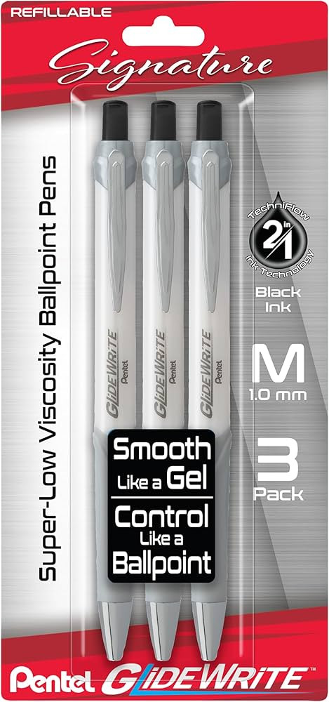 Pentel Glidewrite Signature Ballpoint Pen, (1.0mm) Medium, White Barrel, Black Ink, Pack of 3 (BX... | Amazon (US)